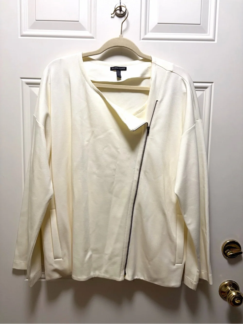 Eileen Fisher Ivory Flex Tencel Ponte asymmetrical zip Jacket Moto Minimalist XL